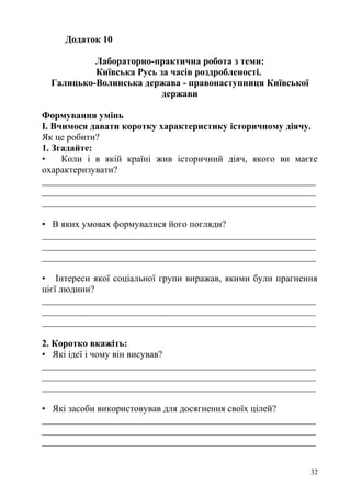Додаток 10
Лабораторно-практична робота з теми:
Київська Русь за часів роздробленості.
Галицько-Волинська держава - правонаступниця Київської
держави
Формування умінь
I. Вчимося давати коротку характеристику історичному діячу.
Як це робити?
1. Згадайте:
• Коли і в якій країні жив історичний діяч, якого ви маєте
охарактеризувати?
__________________________________________________________
__________________________________________________________
__________________________________________________________
• В яких умовах формувалися його погляди?
__________________________________________________________
__________________________________________________________
__________________________________________________________
• Інтереси якої соціальної групи виражав, якими були прагнення
цієї людини?
__________________________________________________________
__________________________________________________________
__________________________________________________________
2. Коротко вкажіть:
• Які ідеї і чому він висував?
__________________________________________________________
__________________________________________________________
__________________________________________________________
• Які засоби використовував для досягнення своїх цілей?
__________________________________________________________
__________________________________________________________
__________________________________________________________
32
 