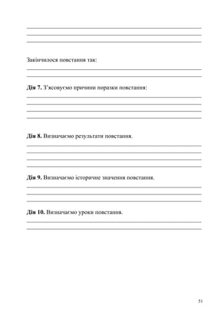 __________________________________________________________
__________________________________________________________
__________________________________________________________
Закінчилося повстання так:
__________________________________________________________
__________________________________________________________
Дія 7. З’ясовуємо причини поразки повстання:
__________________________________________________________
__________________________________________________________
__________________________________________________________
__________________________________________________________
Дія 8. Визначаємо результати повстання.
__________________________________________________________
__________________________________________________________
__________________________________________________________
__________________________________________________________
Дія 9. Визначаємо історичне значення повстання.
__________________________________________________________
__________________________________________________________
__________________________________________________________
Дія 10. Визначаємо уроки повстання.
__________________________________________________________
__________________________________________________________
51
 
