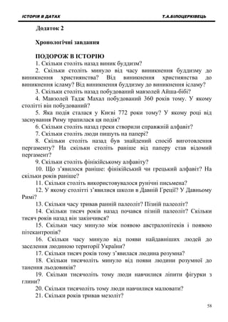 ІСТОРІЯ В ДАТАХ Т.А.БІЛОЦЕРКІВЕЦЬ
Додаток 2
Хронологічні завдання
ПОДОРОЖ В ІСТОРІЮ
1. Скільки століть назад виник буддизм?
2. Скільки століть минуло від часу виникнення буддизму до
виникнення християнства? Від виникнення християнства до
виникнення ісламу? Від виникнення буддизму до виникнення ісламу?
3. Скільки століть назад побудований мавзолей Айша-бібі?
4. Мавзолей Тадж Махал побудований 360 років тому. У якому
столітті він побудований?
5. Яка подія сталася у Києві 772 роки тому? У якому році від
заснування Риму трапилася ця подія?
6. Скільки століть назад греки створили справжній алфавіт?
7. Скільки століть люди пишуть на папері?
8. Скільки століть назад був знайдений спосіб виготовлення
пергаменту? На скільки століть раніше від паперу став відомий
пергамент?
9. Скільки століть фінікійському алфавіту?
10. Що з’явилося раніше: фінікійський чи грецький алфавіт? На
скільки років раніше?
11. Скільки століть використовувалося рунічні письмена?
12. У якому столітті з’явилися школи в Давній Греції? У Давньому
Римі?
13. Скільки часу тривав ранній палеоліт? Пізній палеоліт?
14. Скільки тисяч років назад почався пізній палеоліт? Скільки
тисяч років назад він закінчився?
15. Скільки часу минуло між появою австралопітеків і появою
пітекантропів?
16. Скільки часу минуло від появи найдавніших людей до
заселення людиною території України?
17. Скільки тисяч років тому з’явилася людина розумна?
18. Скільки тисячоліть минуло від появи людини розумної до
танення льодовиків?
19. Скільки тисячоліть тому люди навчилися ліпити фігурки з
глини?
20. Скільки тисячоліть тому люди навчилися малювати?
21. Скільки років тривав мезоліт?
58
 