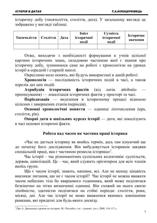 ІСТОРІЯ В ДАТАХ Т.А.БІЛОЦЕРКІВЕЦЬ
історичну добу (тисячоліття, століття, дата). У загальному вигляді це
зображено у вигляді таблиці.
Тисячоліття Століття Дата
Зміст
історичної
події
Сутність
історичної
події
Історичне
значення
Отже, виходячи з необхідності формування в учнів цілісної
картини історичних знань, складовою частиною якої є знання про
історичну добу, зупинимося саме на роботі з хронологією на уроках
історії в середній і старшій школі.
Окреслимо коло понять, які будуть використані в даній роботі:
Хронологія — послідовність історичних подій в часі, а також
перелік дат цих подій.
Атрибуція історичних фактів (від латів. attributio —
приписування) — локалізація історичних фактів у просторі та часі.
Періодизація — виділення в історичному процесі відносно
цілісних і завершених етапів (періодів).
Основні хронологічні поняття — одиниці літочислення (ера,
століття, рік).
Опорні дати в шкільних курсах історії — дати, які локалізують
в часі основні історичні факти.
Робота над часом як частина праці історика
«Час не дається історику як якийсь термін, десь там існуючий ще
до початку його дослідження. Він вибудовується істориком завдяки
спеціальній праці, яка є частиною ремесла історика»2
.
Час історії – час різноманітних суспільних колективів: суспільств,
держав, цивілізацій. Це – час, який служить орієнтиром для всіх членів
якоїсь групи.
Що є часом історії, знають, напевне, всі. Але не меншу цікавість
викликає питання, що не є часом історії? Час історії не можна вважати
часом небесних тіла бо кварцового годинника, який може поділятися
безкінечно на чітко визначенні одиниці. Він схожий на нього своєю
лінійністю, здатністю поділятися на стійкі періоди: століття, роки,
місяці, дні. Але час історії не може вважатися якимись зовнішніми
рамками, які придатні для будь-якого досвіду.
2
Про А. Двенадцать уроков по истории. М.: Российск. гос. гуманит. ун-т, 2000, 116-117 с.
7
 