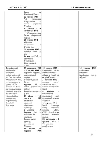 ІСТОРІЯ В ДАТАХ Т.А.БІЛОЦЕРКІВЕЦЬ
Волгу та
Північний Кавказ
22 липня 1942 –
ЧА залишила
Свердловськ –
повна окупація
України
17 липня – 18
листопада 1942 --
Сталінградська
битва (оборонний
період)
25 серпня 1942 –
військове
положення в
Сталінграді
25 вересня 1942 –
початок боїв у
місті
14 жовтня 1942 –
створення
Української
Повстанської
Армії
Третій період
розпочався
наступом
радянської армії
під Сталінградом
19 листопада 1942
р. і завершився у
грудні 1943 р.
битвою на Волзі,
яка ознаменувала
корінний перелом
під час другої
світової війни,
остаточно
закріплений у
битві під
Курськом.
19 листопада 1942
– 2 лютого 1943 –
корінний перелом,
наступальний
період
Сталінградської
битви
грудень 1942 –
вступ радянських
військ у
Ворошиловградськ
у обл.
29 січня – 18
лютого 1943
звільнення
територій
північного
Донбасу
2 лютого – 3
березня 1943 –
наступальна
операція
Воронезького
фронту,
визволення
Харкова
19 лютого –25
березня 1943
10 липня 1943 –
вторгнення англо-
американських
військ в Італії на
острів Сицилія
3 вересня 1943 –
висадка англо-
американських
військ на території
Італії
8 вересня –
оголошення
капітуляції Італії
підписаної урядом
Бадольо
13 вересня 1943 –
Італія оголошує
війну Німеччині,
визнана США,
СРСР, Англією як
спільно воююча
країна
28 листопада – 1
грудня 1943 –
Тегеранська
конференція
12 травня 1943
капітуляція
німецько-
італійських сил у
Африці
75
 