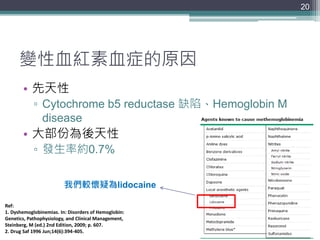 變性血紅素血症的原因
• 先天性
▫ Cytochrome b5 reductase 缺陷、Hemoglobin M
disease
• 大部份為後天性
▫ 發生率約0.7%
20
Ref:
1. Dyshemoglobinemias. In:...
