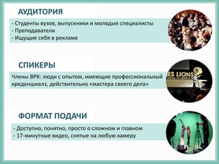 - Доступно, понятно, просто о сложном и главном
- 17-минутные видео, снятые на любую камеру
Члены ВРК: люди с опытом, имеющие профессиональный
креденшиалз, действительно «мастера своего дела»
- Студенты вузов, выпускники и молодые специалисты
- Преподаватели
- Ищущие себя в рекламе
ФОРМАТ ПОДАЧИ
СПИКЕРЫ
АУДИТОРИЯ
 