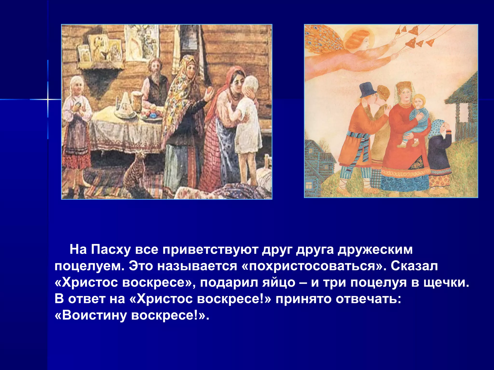 На Пасху все приветствуют друг друга дружеским
поцелуем. Это называется «похристосоваться». Сказал
«Христос воскресе», подарил яйцо – и три поцелуя в щечки.
В ответ на «Христос воскресе!» принято отвечать:
«Воистину воскресе!».
 