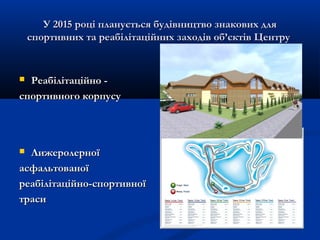 У 2015 році планується будівництво знакових дляУ 2015 році планується будівництво знакових для
спортивних та реабілітаційних заходів об’єктів Центруспортивних та реабілітаційних заходів об’єктів Центру
 Реабілітаційно -Реабілітаційно -
спортивного корпусуспортивного корпусу
 ЛижеролерноїЛижеролерної
асфальтованоїасфальтованої
реабілітаційно-спортивноїреабілітаційно-спортивної
траситраси
 