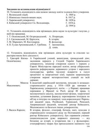 Завдання на встановлення відповідності
10. Установіть відповідність між назвою закладу освіти та роком його утворення.
1. Волинський ліцей; А. 1805 р.
2. Ніжинська гімназія вищих наук; Б. 1817 р.
3. Харківський університет; В. 1820 р.
4. Київський університет Св. Володимира. Г. 1834 р.
Д. 1844 р.
11. Установіть відповідність між прізвищем діяча науки та культури і галуззю, у
якій він працював.
1. Т. Осиповський, М. Остроградський; А. Література;
2. І. Срезневський, М. Цертелєв; Б. історія;
3. М. Маркевич, М. Костомаров; В. фольклор;
4. П. Гулак-Артемовський, Є. Гребінка. Г. математика;
Д. хімія.
12. Установіть відповідність між прізвищем діяча культури та стислою ха-
рактеристикою його діяльності.
1. Григорій Квітка-
Основ'яненко;
А Український учений, винахідник, громадський діяч;
засновник першого у Східній Україні Харківського
університету, ініціатор створення одного з перших у
Європі Міністерства народної освіти; автор ліберальних
проектів реформування державного устрою і народного
господарства; зробив численні відкриття в галузі
органічної та неорганічної хімії, першим запропонував
створення мережі метеорологічних станцій по всій
державі;
2. Микола
Максимович;
Б видатний український математик, походив із козацько-
старшинського роду, у 1816—1820 pp. навчався в
Харківському університеті, потім — у Парижі; працював
переважно у Франції та Росії, автор 40 праць із
математичного аналізу, математичної фізики, теоретичної
механіки, установив формулу перетворення інтеграла по
об'єму в інтеграл по поверхні; член-кореспондент Паризь-
кої академії наук, Російської, Туринської, Римської,
Американської академій, почесний доктор Київського,
Московського та багатьох інших університетів;
3. Василь Каразін; В історик, філолог, етнограф, ботанік, поет, походив зі
старшинського козацького роду на Полтавщині; перший
ректор Київського університету; був справжнім ученим-
енциклопедистом дуже широкого діапазону — від
ботаніки до історії, в історичних (як і у фольклорно-
етнографічних) творах був прихильником панівного тоді
104
 