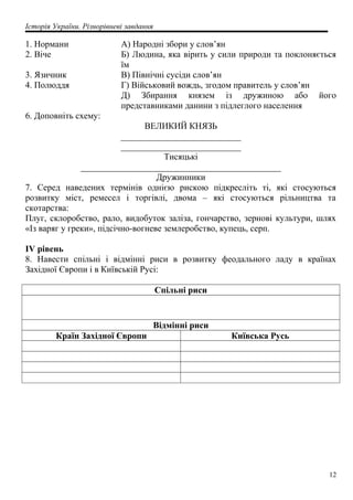 Історія України. Різнорівневі завдання
1. Нормани А) Народні збори у слов’ян
2. Віче Б) Людина, яка вірить у сили природи та поклоняється
їм
3. Язичник В) Північні сусіди слов’ян
4. Полюддя Г) Військовий вождь, згодом правитель у слов’ян
Д) Збирання князем із дружиною або його
представниками данини з підлеглого населення
6. Доповніть схему:
ВЕЛИКИЙ КНЯЗЬ
___________________________
___________________________
Тисяцькі
_____________________________________________
Дружинники
7. Серед наведених термінів однією рискою підкресліть ті, які стосуються
розвитку міст, ремесел і торгівлі, двома – які стосуються рільництва та
скотарства:
Плуг, склоробство, рало, видобуток заліза, гончарство, зернові культури, шлях
«Із варяг у греки», підсічно-вогневе землеробство, купець, серп.
IV рівень
8. Навести спільні і відмінні риси в розвитку феодального ладу в країнах
Західної Європи і в Київській Русі:
Спільні риси
Відмінні риси
Країн Західної Європи Київська Русь
12
 