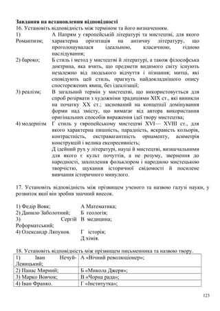 Завдання на встановлення відповідності
16. Установіть відповідність між терміном та його визначенням.
1)
Романтизм;
А Напрям у європейській літературі та мистецтві, для якого
характерна орієнтація на античну літературу, що
проголошувалася ідеальною, класичною, гідною
наслідування;
2) бароко; Б стиль і метод у мистецтві й літературі, а також філософська
доктрина, яка вчить, що предмети видимого світу існують
незалежно від людського відчуття і пізнання; митці, які
сповідують цей стиль, прагнуть найдокладнішого опису
спостережених явищ, без ідеалізації;
3) реалізм; В загальний термін у мистецтві, що використовується для
спроб розірвати з художніми традиціями XIX ст., які виникли
на початку XX ст.; заснований на концепції домінування
форми над змісту, що вимагає від автора використання
оригінальних способів вираження ідеї твору мистецтва;
4) модернізм Г стиль у європейському мистецтві XVI— XVIII ст., для
якого характерна пишність, парадність, яскравість кольорів,
контрастність, екстравагантність орнаменту, асиметрія
конструкцій і велика експресивність;
Д ідейний рух у літературі, науці й мистецтві, визначальними
для якого є культ почуттів, а не розуму, звернення до
народності, захоплення фольклором і народною мистецькою
творчістю, шукання історичної свідомості й посилене
вивчання історичного минулого.
17. Установіть відповідність між прізвищем ученого та назвою галузі науки, у
розвиток якої він зробив значний внесок.
1) Федір Вовк; А Математика;
2) Данило Заболотний; Б геологія;
3) Сергій
Реформатський;
В медицина;
4) Олександр Ляпунов. Г історія;
Д хімія.
18. Установіть відповідність між прізвищем письменника та назвою твору.
1) Іван Нечуй-
Левицький;
А «Вічний революціонер»;
2) Панас Мирний; Б «Микола Джеря»;
3) Марко Вовчок; В «Чорна рада»;
4) Іван Франко. Г «Інститутка»;
123
 