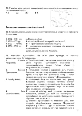 21. У кажіть, якою цифрою на картосхемі позначено місце розташування столиці
гетьмана Івана Мазепи.
А 1 Б 2 В З Г 4
Завдання на встановлення відповідності
22. Установіть відповідність між хронологічними межами історичного періоду та
його назвою.
1. 1702—1704 рр.; А Північна війна;
2. 1700—1721рр.; Б діяльність Першої Малоросійської колегії;
3. 1722 —1727рр.; В « Правління гетьманського уряду »;
4. 1734—1750 рр. Г національно-визвольне повстання під проводом
Семена Палія;
Д гетьманування Данила Апостола.
23. Установіть відповідність між ім'ям діяча культури та стислою
характеристикою його діяльності.
1. Стефан
Яворський;
А Український поет, письменник, священик; писав у
стилі барокко. здебільшого польською і
давньоукраїнською мовою (збірки «Зегар із
полузегариком», «Млеко»)
2. Феофан
Прокопович;
Б український освітній і церковний діяч, учений-
богослов, історик. автор філософсько-богословських
праць: «Твір про всю філософію» «Мир з Богом
людині» та полемічного трактату «Правдива віра»;
3. Іван Руткович; В український богослов, письменник, поет, ректор
Київської академії; викладав риторику, піїтику,
арифметику, геометрію, філософію та богослов'я; був
прихильником політики реформ Петра І та активним
його помічником у її проведенні;
4. Іван
Величковський.
Г галицький майстер, який уславився виконанням
іконостасів, сюжети для яких він запозичував із
європейських та українських гравюр, збагачуючи їх
образами сучасного життя;
Д видатний проповідник та релігійний діяч, поет,
філософ, місцеблюститель престолу Московської
патріархії; у 1700—1721 pp. — протектор Слов'яно-
греко-латинської академії, яку став перетворювати в
79
 