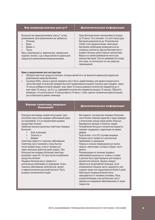 Пять важнейших принципов безопасного питания. Пособие
Как микроорганизмы растут? Дополнительная информация
Большинство микроорганизмов “растут” путем
размножения. Для размножения им требуются:
	Питание;
	Вода;
	Время; и
	Тепло.
Мясо, морепродукты, вареный рис, макаронные
изделия, молоко, сыр и яйца являются идеальной
средой для размножения микроорганизмов.
Одна бактерия может воспроизвести вторую
за 15 минут. Это означает, что за 6 часов одна
бактерия размножится до 16 миллионов.
Чтобы стать вредоносными, некоторым
бактериям необходимо размножиться до
огромных количеств. Другие бактерии могут
вызвать болезнь даже в малых количествах.
Вирусы по своим размерам во много раз
меньше бактерий. Они не развиваются в воде
или пище, но используют их как средство
перемещения.
Идеи и предложения для инструктора
	Обсудите местные продукты питания, которые являются и не являются идеальной средой для
размножения микроорганизмов.
	Сушеные бобы, галька и другие предметы могут быть задействованы для демонстрации роста
числа бактерий. В качестве примера быстрого размножения возьмите сначала один предмет, через
15 секунд добавьте второй предмет, еще через 15 секунд доведите количество предметов до 4,
еще через 15 секунд - до 8 и т.д. (удваивайте количество предметов каждые 15 секунд). Обратите
внимание, что используются 15 секунд вместо 15 минут, чтобы сделать возможным демонстрацию
роста бактерий в рамках семинара.
Каковы симптомы пищевых
болезней?
Дополнительная информация
Ежегодно миллиарды людей испытывают один
или более приступов пищевых заболеваний даже
не подозревая, что их недомогание вызвано
продуктами питания.
Наиболее распространенные симптомы пищевых
болезней:
	Боль в желудке;
	Тошнота; и
	 Диарея.
Симптомы зависят от причины заболевания.
Симптомы могут возникать очень быстро
после приема пищи, а могут проявиться
через несколько дней или даже недель. При
большинстве пищевых болезней симптомы
возникают через 24 -72 часа после потребления
продуктов питания.
Пищевые болезни могут привести к
длительным проблемам со здоровьем. Очень
тяжелые заболевания, включая рак, артрит
и неврологические расстройства могут быть
вызваны загрязненной пищей.
Как правило, последствия пищевых болезней
носят более тяжелый характер и чаще приводят
к летальному исходу среди детей, больных,
беременных женщин и пожилых людей.
Потребление большого количества жидкости
поможет поддержать гидратацию во время
диареи.
Подсчитано, что в 3% случаев пищевые
болезни могут привести к длительным
проблемам со здоровьем.
Порезы и кожные повреждения рук можно
закрыть перчатками, которые следует часто
менять.
Рекомендации по лечению пищевых
заболеваний различны от страны к стране
и должны быть адаптированы для каждого
конкретного региона. Однако следует
обратиться за врачебной помощью, если
испражнения слишком часты, водянисты или
содежат кровь или продолжаются более 3 дней.
Некоторые пищевые болезни могут
передаваться от человека человеку. Лица,
осуществляющие уход за больным, могут
заразиться пищевыми заболеваниями от своих
пациентов.
 