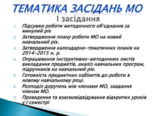1. Підсумки роботи методичного об'єднання за
минулий рік
2. Затвердження плану роботи МО на новий
навчальний рік.
3. Затвердження календарно-тематичних планів на
2014-2015 н. р.
4. Опрацювання інструктивно-методичних листів
викладання предметів, аналіз навчальних програм,
підручників на навчальний рік.
5. Готовність предметних кабінетів до роботи в
новому навчальному році.
6. Розподіл доручень між членами МО, завдання
членам МО.
7. Проведення та взаємовідвідування відкритих уроків
у І семестрі
 