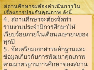 สถานศึกษาจะต้องดำาเนินการใน
เรื่องการประกันคุณภาพ ดังนี้
4. สถานศึกษาจะต้องจัดทำา
รายงานประจำาปีการศึกษาให้
เรียบร้อยภายในเดือนเมษายนของ
ทุกปี
5. จัดเตรียมเอกสารหลักฐานและ
ข้อมูลเกี่ยวกับการพัฒนาคุณภาพ
ตามมาตรฐานการศึกษาของสถาน
 