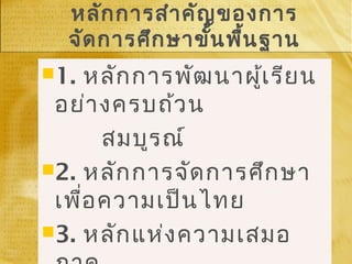 หลักการสำาคัญของการ
จัดการศึกษาขั้นพื้นฐาน
1. หลักการพัฒนาผู้เรียน
อย่างครบถ้วน
สมบูรณ์
2. หลักการจัดการศึกษา
เพื่อความเป็นไทย
3. หลักแห่งความเสมอ
1. หลักการพัฒนาผู้เรียน
อย่างครบถ้วน
สมบูรณ์
2. หลักการจัดการศึกษา
เพื่อความเป็นไทย
3. หลักแห่งความเสมอ
 
