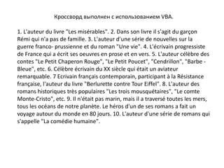 Кроссворд выполнен с использованием VBA.
1. L'auteur du livre "Les misérables". 2. Dans son livre il s'agit du garçon
Rémi qui n'a pas de famille. 3. L'auteur d'une série de nouvelles sur la
guerre franco- prussienne et du roman "Une vie". 4. L'écrivain progressiste
de France qui a écrit ses oeuvres en prose et en vers. 5. L'auteur célèbre des
contes "Le Petit Chaperon Rouge", "Le Petit Poucet", "Cendrillon", "Barbe -
Bleue", etc. 6. Célèbre écrivain du XX siècle qui était un aviateur
remarquable. 7 Ecrivain français contemporain, participant à la Résistance
française, l'auteur du livre "Berlurette contre Tour Eiffel". 8. L'auteur des
romans historiques très populaires "Les trois mousquétaires", "Le comte
Monte-Cristo", etc. 9. Il n'était pas marin, mais il a traversé toutes les mers,
tous les océans de notre planète. Le héros d'un de ses romans a fait un
voyage autour du monde en 80 jours. 10. L'auteur d'une série de romans qui
s'appelle "La comédie humaine".
 