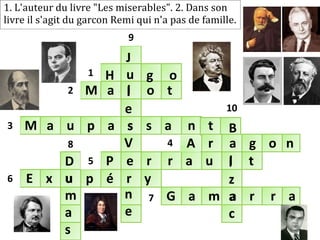 1
7
6
8
5
4
3
10
2
9
M a l o t
M a u p a s s a n t
A r a g o n
P e r r a u l t
E x u p é r y
G a m a r r a
D
u
m
a
s
J
u
l
e
s
V
n
e
B
l
z
a
c
H g o
1. L'auteur du livre "Les miserables". 2. Dans son
livre il s'agit du garcon Remi qui n'a pas de famille.
3. L'auteur d'une serie de nouvelles sur la guerre
 