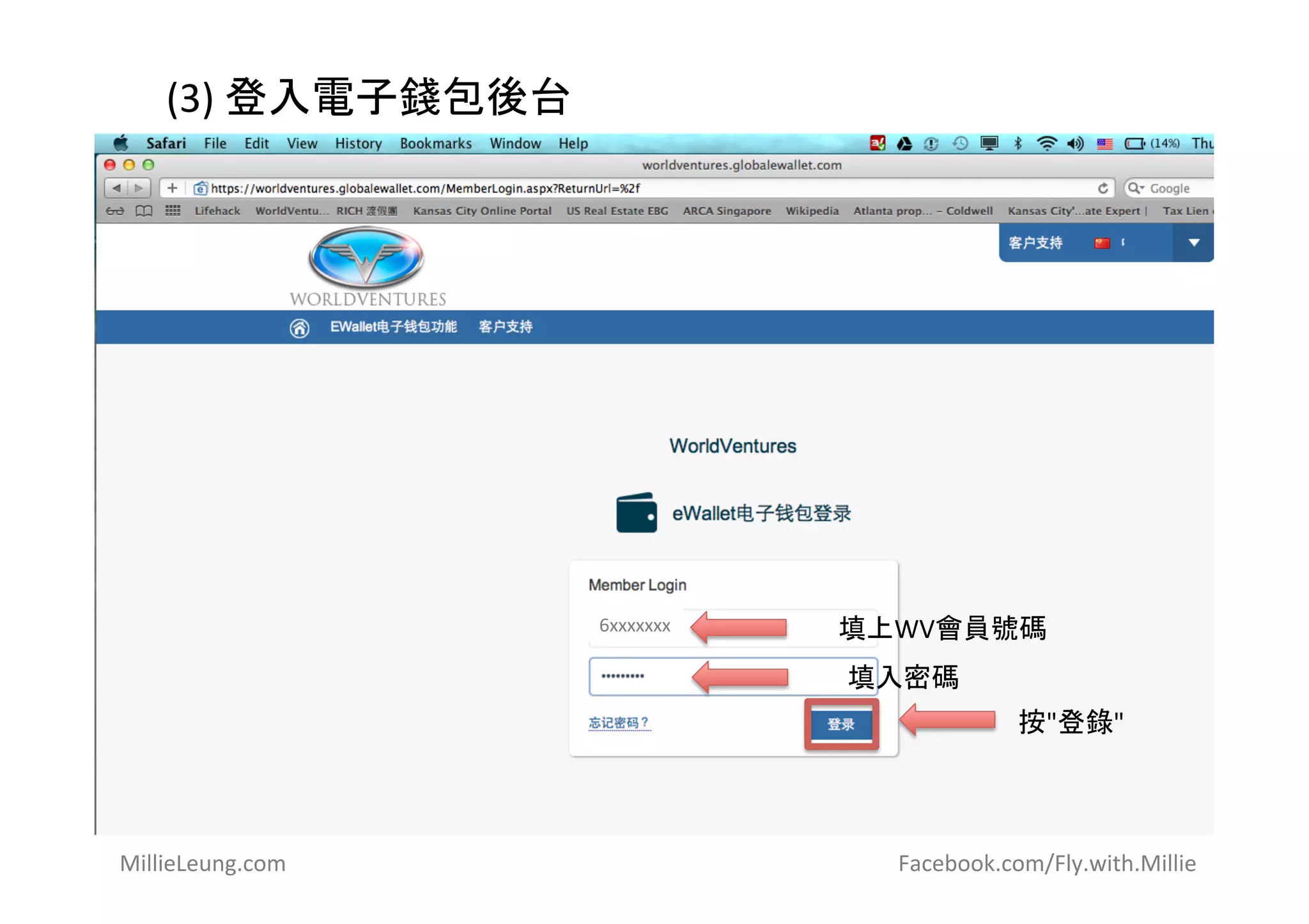 填上WV會員號碼	
  
(3)	
  登入電子錢包後台	
  
按"登錄"	
  
填入密碼	
  
6xxxxxxx	
  
MillieLeung.com	
   	
   	
   	
   	
   	
   	
   	
   	
  	
  	
  	
  	
  	
  	
  	
  	
  	
  	
  	
  	
  	
  	
  	
  	
  	
  	
  	
  	
  	
  	
  	
  	
  	
  	
  	
  	
  	
  Facebook.com/Fly.with.Millie	
  
	
  	
  
 