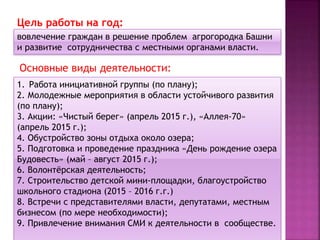 вовлечение граждан в решение проблем агрогородка Башни
и развитие сотрудничества с местными органами власти.
Основные виды деятельности:
1. Работа инициативной группы (по плану);
2. Молодежные мероприятия в области устойчивого развития
(по плану);
3. Акции: «Чистый берег» (апрель 2015 г.), «Аллея-70»
(апрель 2015 г.);
4. Обустройство зоны отдыха около озера;
5. Подготовка и проведение праздника «День рождение озера
Будовесть» (май – август 2015 г.);
6. Волонтёрская деятельность;
7. Строительство детской мини-площадки, благоустройство
школьного стадиона (2015 – 2016 г.г.)
8. Встречи с представителями власти, депутатами, местным
бизнесом (по мере необходимости);
9. Привлечение внимания СМИ к деятельности в сообществе.
Цель работы на год:
 