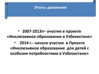 • 2007-2013гг- участие в проекте
«Инклюзивное образование в Узбекистане»
• 2014 г.- начало участия в Проекте
«Инклюзивное образование для детей с
особыми потребностями в Узбекистане»
Этапы движения
 