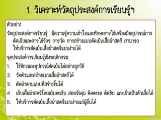 1. วิเคราะห์วัตถุประสงค์การเรียนรู้ฯ
ตัวอย่าง
วัตถุประสงค์การเรียนรู้ มีความรู้ความเข้าใจและทักษะการใช้เครื่องมืออุปกรณ์การ
ตัดเย็บและการใช้จักร การวัด การสร้างแบบตัดเย็บเสื้อผ้าสตรี สามารถ
ให้บริการตัดเย็บเสื้อผ้าสตรีแบบง่ายได้
จุดประสงค์การเรียนรู้เชิงพฤติกรรม
1. ใช้จักรและอุปกรณ์ตัดเย็บได้อย่างถูกวิธี
2. วัดตัวและสร้างแบบเสื้อผ้าสตรีได้
3. ตัดผ้าตามแบบที่สร้างขึ้นได้
4. เย็บเสื้อผ้าสตรีโดยเย็บตะเข็บ สอยรังดุม ติดตะขอ ติดซิป และเย็บเป็นตัวเสิ้อได้
5. ให้บริการตัดเย็บเสื้อผ้าสตรีแบบง่ายแก่ผู้อื่นได้
 