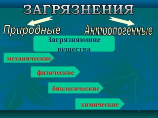 Загрязняющие
вещества
механические
физические
биологические
химические
 