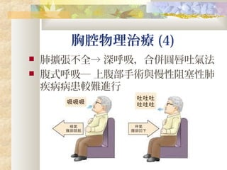 胸腔物理治療 (4)
 肺擴張不全→ 深呼吸，合併圓唇吐氣法
 腹式呼吸─ 上腹部手術與慢性阻塞性肺
疾病病患較難進行
 