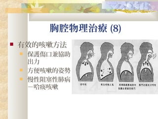 胸腔物理治療 (8)
 有效的咳嗽方法
 保護傷口兼協助
出力
 方便咳嗽的姿勢
 慢性阻塞性肺病
－哈痰咳嗽
 