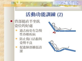 活動功能訓練 (2)
 背部挺直半坐臥
姿位的好處
 過去病史有急慢
性脊椎疾病
 防止傷口沾黏與
姿勢不良
 促進肺部擴張清
潔
 