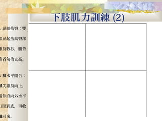 下肢肌力訓練 (2)
4. 屈膝抬臀：雙
膝屈起抬高臀部
維持數秒，腰背
痛者勿抬太高。
5. 水平開合：腳
尖維持向上，腳
腿伸直向外水平
打開到底，再收
回來。攏
 