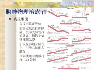 胸腔物理治療 (1)
 姿位引流
 多採用修正姿位
 前節支氣管採仰臥
姿、後節支氣管採
俯臥姿、側節支氣
管採側臥姿
 引流左肺則左肺在
上，引流右肺則右
肺在上
 單獨使用時需維持
20~30 分鐘
 