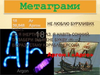 Я БЛАГОРОДНИЙ, НЕ ЛЮБЛЮ БУРХЛИВИХ
СЦЕН,
БО Я ІНЕРТНИЙ ГАЗ, Я НАВІТЬ СОННИЙ.
ТА ЗАБЕРИ ВІД МЕНЕ БУКВУ «Н» ―
ВІДРАЗУ СТАНУ КОРАБЛЕМ ЯСОНА
Метаграми
Аргон і «Арго»
 