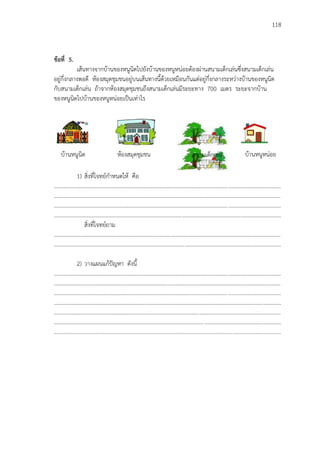 118
ข้อที่ 5.
เส้นทางจากบ้านของหนูนิดไปยังบ้านของหนูหน่อยต้องผ่านสนามเด็กเล่นซึ่งสนามเด็กเล่น
อยู่กึ่งกลางพอดี ห้องสมุดชุมชนอยู่บนเส้นทางนี้ด้วยเหมือนกันแต่อยู่กึ่งกลางระหว่างบ้านของหนูนิด
กับสนามเด็กเล่น ถ้าจากห้องสมุดชุมชนถึงสนามเด็กเล่นมีระยะทาง 700 เมตร ระยะจากบ้าน
ของหนูนิดไปบ้านของหนูหน่อยเป็นเท่าไร
1) สิ่งที่โจทย์กาหนดให้ คือ
...................................................................................................................................................................
...................................................................................................................................................................
...................................................................................................................................................................
...................................................................................................................................................................
สิ่งที่โจทย์ถาม
...................................................................................................................................................................
...................................................................................................................................................................
2) วางแผนแก้ปัญหา ดังนี้
...................................................................................................................................................................
...................................................................................................................................................................
...................................................................................................................................................................
...................................................................................................................................................................
...................................................................................................................................................................
...................................................................................................................................................................
...................................................................................................................................................................
บ้านหนูนิด ห้องสมุดชุมชน สนามเด็กเล่น บ้านหนูหน่อย
 