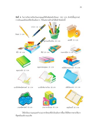 45
ข้อที่ 4. ในการเปิดภาคเรียนวันแรกคุณแม่ให้เงินพิเศษนักเรียนมา 100 บาท สาหรับซื้ออุปกรณ์
การเรียนและสิ่งของที่นักเรียนต้องการ ซึ่งในสหกรณ์ร้านค้ามีสินค้าดังต่อไปนี้
ให้นักเรียนวางแผนและคานวณราคาสิ่งของที่นักเรียนต้องการซื้อมาให้ได้หลากหลายวิธีมาก
ที่สุดพร้อมอธิบายแนวคิด
ดินสอ 5 บาท
ปากกา 10 บาท
แผ่นซีดี 15 บาทชุดรวมเครื่องเขียน 30 บาท
สีน้า 42 บาท กระดาษโน้ต 8 บาทสีไม้ 20 บาท
หนังสืออ่านนอกเวลา 75 บาท
สมุดปกแข็ง 22 บาท
สมุดปกอ่อนชุดละ 25 บาท
แฟูมใส่เอกสาร 14 บาทแบบฝึกหัดคณิตศาสตร์ 36 บาท แบบฝึกหัดภาษาไทย 85 บาท
เกมคณิตศาสตร์ 95 บาท เกมภาษาอังกฤษ 90 บาท สมุดไดอะรี่ 60 บาท
 