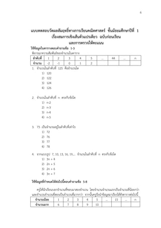 6
แบบทดสอบวัดผลสัมฤทธิ์ทางการเรียนคณิตศาสตร์ ชั้นมัธยมศึกษาปีที่ 1
เรื่องสมการเชิงเส้นตัวแปรเดียว ฉบับก่อนเรียน
และการตรวจให้คะแนน
ใช้ข้อมูลในตารางตอบคาถามข้อ 1-3
พิจารณาความสัมพันธ์ของจานวนในตาราง
ลาดับที่ 1 2 3 4 5 … 44 … n
จานวน -2 -1 0 1 2
1. จานวนในลาดับที่ 125 คือจานวนใด
1) 120
2) 122
3) 124
4) 126
2. จานวนในลาดับที่ n ตรงกับข้อใด
1) n-2
2) n-3
3) n-4
4) n-5
3. 75 เป็นจานวนอยู่ในลาดับที่เท่าไร
1) 72
2) 76
3) 77
4) 78
4. จากแบบรูป 7, 10, 13, 16, 19,… จานวนในลาดับที่ n ตรงกับข้อใด
1) 3n + 4
2) 2n + 5
3) 2n + 6
4) 3n + 7
ใช้ข้อมูลที่กาหนดให้ต่อไปนี้ตอบคาถามข้อ 5-8
ครูให้นักเรียนบอกจานวนที่ชอบมาสองจานวน โดยจานวนจานวนแรกเป็นจานวนที่น้อยกว่า
และจานวนจานวนที่สองเป็นจานวนที่มากกว่า จากนั้นครูจึงนาข้อมูลมาเรียงได้ดังตารางต่อไปนี้
จานวนน้อย 1 2 3 4 5 … 15 … n
จานวนมาก 6 7 8 9 10
 