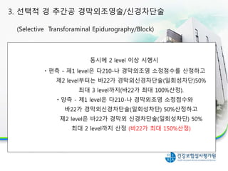 동시에 2 level 이상 시행시
ㆍ편측 - 제1 level은 다210-나 경막외조영 소정점수를 산정하고
제2 level부터는 바22가 경막외신경차단술(일회성차단)50%
최대 3 level까지(바22가 최대 100%산정).
ㆍ양측 - 제1 level은 다210-나 경막외조영 소정점수와
바22가 경막외신경차단술(일회성차단) 50%산정하고
제2 level은 바22가 경막외 신경차단술(일회성차단) 50%
최대 2 level까지 산정 (바22가 최대 150%산정)
3. 선택적 경 추간공 경막외조영술/신경차단술
(Selective Transforaminal Epidurography/Block)
 