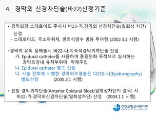 경막외강 스테로이드 주사시 바22-가.경막외 신경차단술(일회성 차단)
산정
- 스테로이드, 국소마취제, 생리식염수 병용 투여함 (2002.3.1 시행)
경막외 유착 용해술시 바22-나.지속적경막외차단술 산정
가. Epidural catheter를 사용하여 통증완화 목적으로 실시하는
경막외강내 유착부위에 약제주입
나. Epidural catheter 별도 산정
다. 시술 전후에 시행한 경막외조영술은 다210-나(Epidurography)
별도산정 (2005.2.1 시행)
전방 경막외차단술(Anterior Epidural Block:일회성차단의 경우) 시
바22-가.경막외신경차단술(일회성차단) 산정 (2004.1.1 시행)
4. 경막외 신경차단술(바22)산정기준
 