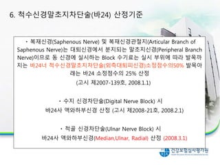 복재신경(Saphenous Nerve) 및 복재신경관절지(Articular Branch of
Saphenous Nerve)는 대퇴신경에서 분지되는 말초지신경(Peripheral Branch
Nerve)이므로 동 신경에 실시하는 Block 수기료는 실시 부위에 따라 발목까
지는 바24너 척수신경말초지차단술(외측대퇴피신경)소정점수의50% 발목아
래는 바24 소정점수의 25% 산정
(고시 제2007-139호, 2008.1.1)
수지 신경차단술(Digital Nerve Block) 시
바24사 액와하부신경 산정 (고시 제2008-21호, 2008.2.1)
척골 신경차단술(Ulnar Nerve Block) 시
바24사 액와하부신경(Median,Ulnar, Radial) 산정 (2008.3.1)
6. 척수신경말초지차단술(바24) 산정기준
 