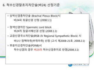 상박신경총차단술 (Brachial Plexus Block)시
바24파 좌골신경 산정 (2008.1.1)
정색신경차단 Spermatic cord block
바24차 장골서혜신경 산정 (2008.1.1)
교감신경국소차단술(IRSB :IV Regional Sympathetic Block) 시
바1나 정맥마취(부위마취) 산정 (고시 제2008-21호, 2008.2.1)
후분지신경차단술(PDNB)시
척수신경의 경우 바25아 척수신경후지로 반영(2008.3.1)
6. 척수신경말초지차단술(바24) 산정기준
 