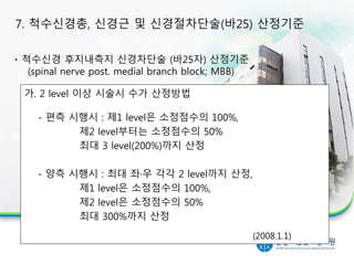 가. 2 level 이상 시술시 수가 산정방법
- 편측 시행시 : 제1 level은 소정점수의 100%,
제2 level부터는 소정점수의 50%
최대 3 level(200%)까지 산정
- 양측 시행시 : 최대 좌·우 각각 2 level까지 산정,
제1 level은 소정점수의 100%,
제2 level은 소정점수의 50%
최대 300%까지 산정
척수신경 후지내측지 신경차단술 (바25자) 산정기준
(spinal nerve post. medial branch block; MBB)
7. 척수신경총, 신경근 및 신경절차단술(바25) 산정기준
(2008.1.1)
 
