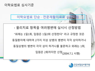 물리치료 항목을 여러병변에 실시시 산정방법
“외래는 1일1회, 입원은 1일2회 산정한다” 라고 규정한 것은
동일환자에 대하여 2가지 이상 상병의 병변이 각각 상이하거나
동일상병의 병변이 각각 상이 하거나를 불문하고 외래는 1회,
입원은 2회까지만 산정.
(2004.7.1 시행)
이학요법료 단순 · 전문재활치료료 산정지침
이학요법료 심사기준
 