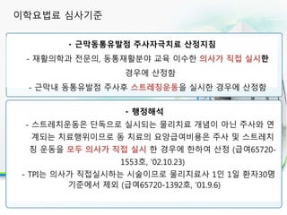 근막동통유발점 주사자극치료 산정지침
- 재활의학과 전문의, 동통재활분야 교육 이수한 의사가 직접 실시한
경우에 산정함
- 근막내 동통유발점 주사후 스트레칭운동을 실시한 경우에 산정함
행정해석
- 스트레치운동은 단독으로 실시되는 물리치료 개념이 아닌 주사와 연
계되는 치료행위이므로 동 치료의 요양급여비용은 주사 및 스트레치
칭 운동을 모두 의사가 직접 실시 한 경우에 한하여 산정 (급여65720-
1553호, ‘02.10.23)
- TPI는 의사가 직접실시하는 시술이므로 물리치료사 1인 1일 환자30명
기준에서 제외 (급여65720-1392호, ’01.9.6)
이학요법료 심사기준
 