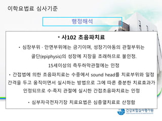 * 사102 초음파치료
심장부위 · 안면부위에는 금기이며, 성장기아동의 관절부위는
골단(epiphysis)의 성장에 지장을 초래하므로 불인정.
15세이상의 측두하악관절에는 인정
간접법에 의한 초음파치료는 수중에서 sound head를 치료부위와 일정
간격을 두고 움직이면서 실시하는 방법으로 그에 따른 충분한 치료효과가
인정되므로 수·족지 관절에 실시한 간접초음파치료는 인정
심부자극전자기장 치료요법은 심층열치료로 산정함
이학요법료 심사기준
행정해석
 