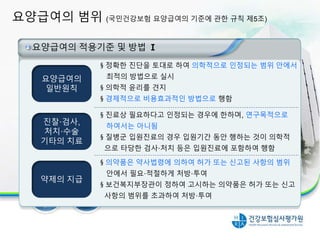 요양급여의 범위 (국민건강보험 요양급여의 기준에 관한 규칙 제5조)
9
요양급여의 적용기준 및 방법 Ⅰ
요양급여의
일반원칙
§ 정확한 진단을 토대로 하여 의학적으로 인정되는 범위 안에서
최적의 방법으로 실시
§ 의학적 윤리를 견지
§ 경제적으로 비용효과적인 방법으로 행함
진찰·검사,
처치·수술
기타의 치료
§ 진료상 필요하다고 인정되는 경우에 한하며, 연구목적으로
하여서는 아니됨
§ 질병군 입원진료의 경우 입원기간 동안 행하는 것이 의학적
으로 타당한 검사·처치 등은 입원진료에 포함하여 행함
약제의 지급
§ 의약품은 약사법령에 의하여 허가 또는 신고된 사항의 범위
안에서 필요·적절하게 처방·투여
§ 보건복지부장관이 정하여 고시하는 의약품은 허가 또는 신고
사항의 범위를 초과하여 처방·투여
 