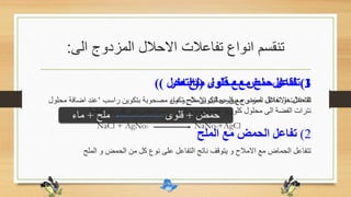 ‫الى‬ ‫المزدوج‬ ‫االحالل‬ ‫تفاعالت‬ ‫انواع‬ ‫تنقسم‬:
1)‫قلوى‬ ‫مع‬ ‫حمض‬ ‫تفاعل‬((‫التعادل‬))
‫ماء‬ ‫و‬ ‫ملح‬ ‫لتكوين‬ ‫قلوى‬ ‫مع‬ ‫حمض‬ ‫تفاعل‬ ‫هو‬ ‫التعادل‬
2)‫الملح‬ ‫مع‬ ‫الحمض‬ ‫تفاعل‬
‫الملح‬ ‫و‬ ‫الحمض‬ ‫من‬ ‫كل‬ ‫نوع‬ ‫على‬ ‫التفاعل‬ ‫ناتج‬ ‫يتوقف‬ ‫و‬ ‫االمالح‬ ‫مع‬ ‫الحماض‬ ‫تتفاعل‬
‫حمض‬+‫ملح‬ ‫قلوى‬+‫ماء‬
3)‫اخر‬ ‫ملح‬ ‫محلول‬ ‫مع‬ ‫ملح‬ ‫تفاعل‬
‫راسب‬ ‫بتكوين‬ ‫مصحوبة‬ ‫تكون‬ ‫االمالح‬ ‫محاليل‬ ‫بين‬ ‫المزدوج‬ ‫االحالل‬ ‫تفاعالت‬’‫اضاف‬ ‫عند‬‫محلول‬ ‫ة‬
‫الفضة‬ ‫كلوريد‬ ‫من‬ ‫ابيض‬ ‫راسب‬ ‫يتكون‬ ‫الصوديوم‬ ‫كلوريد‬ ‫محلول‬ ‫الى‬ ‫الفضة‬ ‫نترات‬
NaCl + AgNo3 NaNo3+AgCl
 