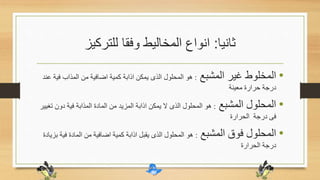 ‫ثانيا‬:‫للتركيز‬ ‫وفقا‬ ‫المخاليط‬ ‫انواع‬
•‫المشبع‬ ‫غير‬ ‫المخلوط‬:‫ف‬ ‫المذاب‬ ‫من‬ ‫اضافية‬ ‫كمية‬ ‫اذابة‬ ‫يمكن‬ ‫الذى‬ ‫المحلول‬ ‫هو‬‫عند‬ ‫ية‬
‫معينة‬ ‫حرارة‬ ‫درجة‬
•‫المشبع‬ ‫المحلول‬:‫دون‬ ‫فية‬ ‫المذابة‬ ‫المادة‬ ‫من‬ ‫المزيد‬ ‫اذابة‬ ‫يمكن‬ ‫ال‬ ‫الذى‬ ‫المحلول‬ ‫هو‬‫تغيير‬
‫الحرارة‬ ‫درجة‬ ‫فى‬
•‫المشبع‬ ‫فوق‬ ‫المحلول‬:‫ف‬ ‫المادة‬ ‫من‬ ‫اضافية‬ ‫كمية‬ ‫اذابة‬ ‫يقبل‬ ‫الذى‬ ‫المحلول‬ ‫هو‬‫بزيادة‬ ‫ية‬
‫الحرارة‬ ‫درجة‬
 