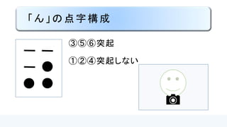 「ン」の点字構成
③⑤⑥突起
①②④突起しない●
●
●
 