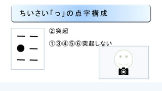 ちいさい「ッ」の点字構成
②突起
①③④⑤⑥
突起しない
●
 