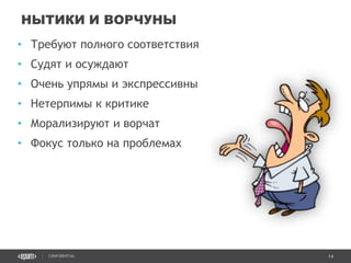 14CONFIDENTIAL
• Требуют полного соответствия
• Судят и осуждают
• Очень упрямы и экспрессивны
• Нетерпимы к критике
• Морализируют и ворчат
• Фокус только на проблемах
НЫТИКИ И ВОРЧУНЫ
Confidential 14
 