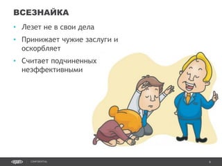 6CONFIDENTIAL
• Лезет не в свои дела
• Принижает чужие заслуги и
оскорбляет
• Считает подчиненных
неэффективными
ВСЕЗНАЙКА
Confidential 6
 