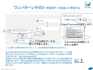 28
ワンパターンその3：学習用データを使って学習する
COPYRIGHT(C) TECHNOMOBILE ALL RIGHTS RESERVED.
６
①
②ここで６割のデータを
使って学習します。
③
④
こんな感じに部品を組み立てましょう。labelの指定が必要なので忘れずに。
Two-Class Bayes Point Machineが学習するロジック(model)になります。これを変
更するといろいろなロジックを試すことが出来ます。0,1のようにlabelが２つの値
を持つならば、Two-Class Bayesが吉！
labelが３つ以上の値を保つ場合や実数の場合などはそれに応じてmodelを変更する
必要があります。どのmodelを選ぶのかの目安は、名前にTwo-Class Multi-Classな
どのようにわかり易い名前が付いています。教師なしmodelもありますが説明は省
略します。
⑤TrainModelを選択して
ボタンを押す
⑥labelにSurvivedを指定します。
以上
 