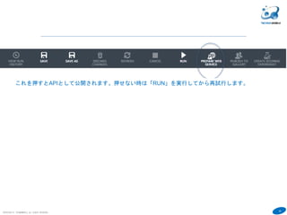45
COPYRIGHT(C) TECHNOMOBILE ALL RIGHTS RESERVED.
６
これを押すとAPIとして公開されます。押せない時は「RUN」を実行してから再試行します。
 